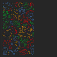 Vector logo, design and badge in trendy drawing style - zero waste concept, recycle and reuse, reduce - ecological lifestyle and sustainable developments icons, colorful on black background.