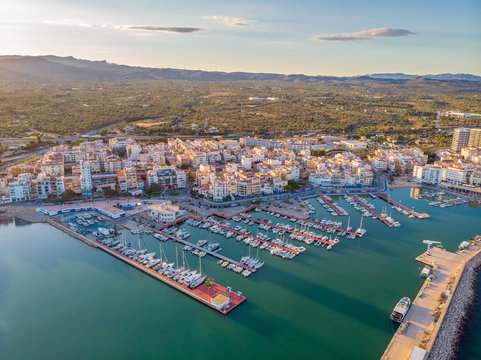 View of L'Ampolla port, Catalonia, Spain. Drone aerial  photo