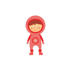 Kid astronaut in pink space costume, cute cartoon girl character smiling and standing in full astronomy science explorer uniform