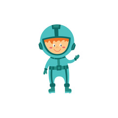 Cute child astronaut or cosmonaut cartoon character flat vector illustration.