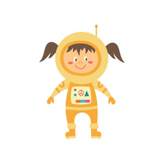 Little girl cosmonaut and astronaut standing in a yellow spacesuit for traveling in space.