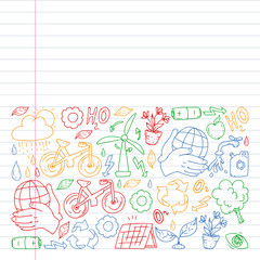Fototapeta premium Cleaning services company vector pattern, drawing in exercise book.