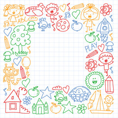 Time to adventure. Imagination creativity small children play nursery kindergarten preschool school kids drawing doodle icons pattern, play, study, learn with happy boys and girls Let's explore space