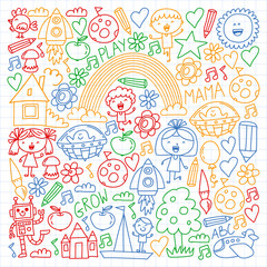 Time to adventure. Imagination creativity small children play nursery kindergarten preschool school kids drawing doodle icons pattern, play, study, learn with happy boys and girls Let's explore space