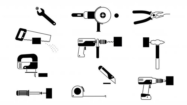 Working tools set - black-and-white icons pictogram. Alpha channel included. Looped work tools animation.