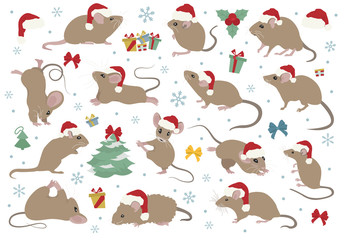 Different mice christmas collection. Mouse poses and exercises. Cute cartoon new year clipart set