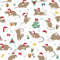 Mice christmas seamless pattern. Mouse poses and exercises. Cute cartoon new year clipart set