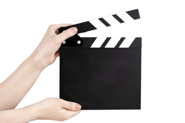 Obraz premium Hands holding clapper board isolated on white with clipping path