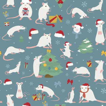 Rats christmas seamless pattern. Rat poses and exercises. Cute cartoon new year clipart set