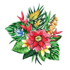 Bouquet of tropical flowers and leaves.