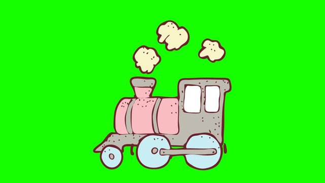 digitally drawn illustration locomotive animated green screen. hand drawing style