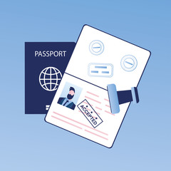 Open passport with stamp -accepted, visa approved,crossing the border concept,