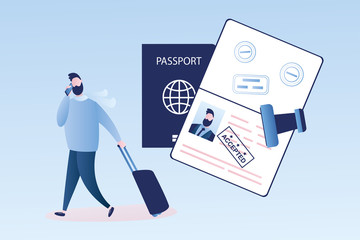 Open passport with stamp -accepted, happy traveller with luggage and smartphone,