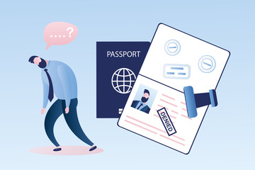 Open passport with stamp -denied,unhappy male character, man immigrant,visa denial or deportation,