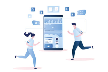 Smartphone with Music app or online radio service and  running people with headphones and smart gadgets