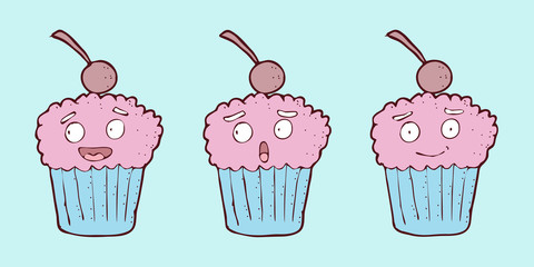 digitally drawn illustration cupcake character design. hand drawing style