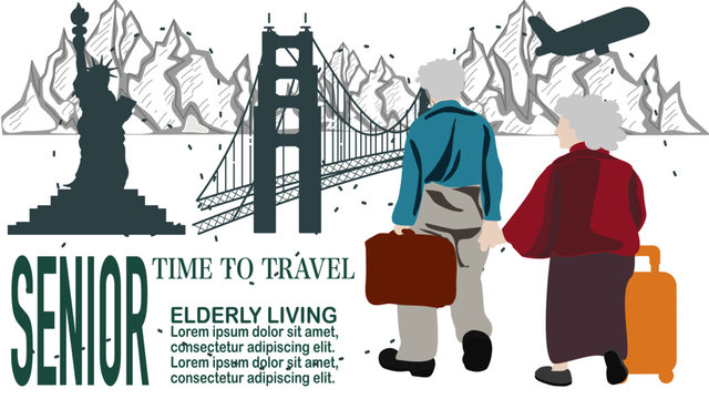 Senior couple holding luggage go to travel around the world, time to follow the dream.