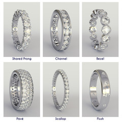 Six popular eternity ring setting with names on white background