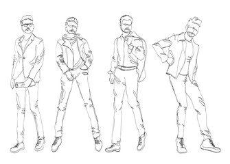 Stylish handsome mans in fashion clothes. Hand drawn beautiful young mens. Stylish mens. Fashion mens sketch. Fashion men model.