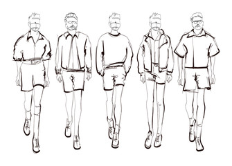 Fototapeta na wymiar Stylish handsome mans in fashion clothes. Hand drawn beautiful young mens. Stylish mens. Fashion mens sketch. Fashion men model.