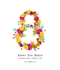 Happy 8th March, international women day. Decorative number 8. Greeting card design. Vector illustration.
