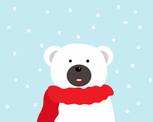 Cartoon Christmas concept: Cute white bear is standing with snowy in Christmas Day or winter season 