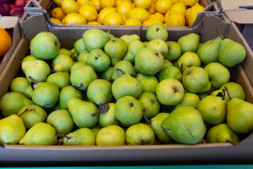 Fresh fruit, ripe pears on the counter in the supermarket