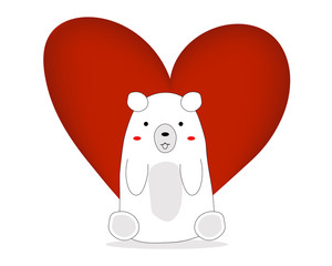 Love Concept: Cute big white bear sitting front big red heart shape on white background