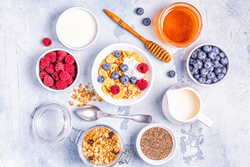 Healthy breakfast, muesli, cereal with fruit.