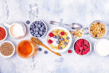 Healthy breakfast, muesli, cereal with fruit.