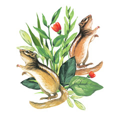 Composition with chipmunks and plants.