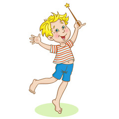 Funny boy standing on one leg swings his magic wand. In cartoon style. Isolated on white background.