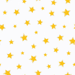 Gold and silver line art stars with offset color and snowflake texture. Seamless vector pattern white background. Great for Christmas, winter, holiday products, stationery, invitations, party