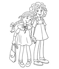 Two teen girls standing hand in hand.  In cartoon style, drawing in a black outline. Isolated on white background. For coloring book.