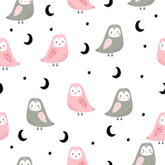 Seamless pattern with cute owl, hand drawn. The fashionable design is suitable for printing on children's textiles as well as on paper. - 285669118