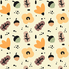 cute fall autumn seamless vector pattern background illustration with abstract elements, flowers, acorns and leaves 