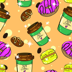 Seamless vector pattern with coffee, candy, macaroon, donut and coffee beans on light brown background. Good for printing. Wallpaper, fabric and textile  design. Wrapping paper pattern. Cute pattern.