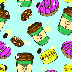 Seamless vector pattern with coffee cup, macaroon and chocolate candy on blue background. Good for printing. Wallpaper, fabric and textile design. Wrapping paper pattern. Cute design.