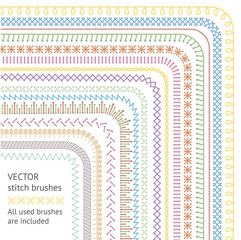 Seamless stitch brushes set of sewing seams vector illustration isolated on white. - obrazy, fototapety, plakaty