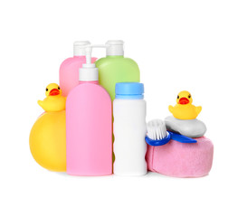 Set of baby accessories on white background