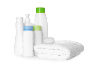Set of baby accessories on white background