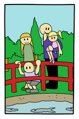 Cute family in a park, standing and looking on a bridge. Cartoon style vector illustration.