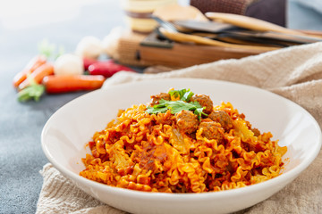 tasty penne with Meat ball and tomato sauce