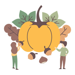 cute vector flat style thanksgiving illustration with male and female characters with autumn elements 