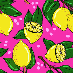 Vector seamless pattern with lemon and leaf on pink background. Hand drawn lemons. Wallpaper and textile idea. Good for printing. Wrapping paper pattern.