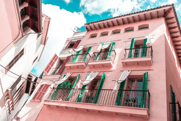 Spanish city street with traditional architecture of the resort town of Palma de Mallorca, Spain, Apr.2019 © solkafa