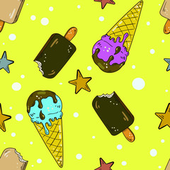 Seamless vector pattern with ice-cream on yellow background with circles and stars. Good for printing. Wallpaper and fabric design. Wrapping paper pattern.