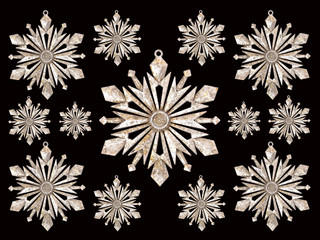 CHRISTMAS ORNAMENTS: Old Stylized SHINY RUSTIC METAL snowlakes WITH ARTISTIC old METAL texture with hanger. Snowflakes perfectly match the black color.