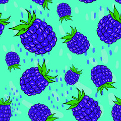Seamless vector pattern with blackberries on blue background. Wallpaper and fabric design. Good for printing. Wrapping paper pattern. Cute pattern.