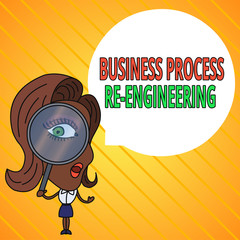 Text sign showing Business Process Re Engineering. Business photo text the analysis and design of workflows Woman Looking Trough Magnifying Glass Big Eye Blank Round Speech Bubble